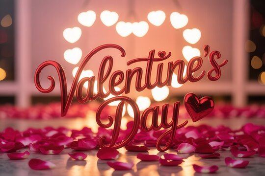 Valentine's Day decoration with heart lights and rose petals