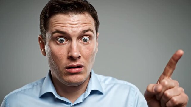 Man Pointing Upwards with Surprised Expression.