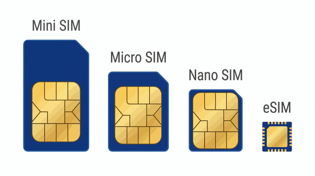 Vector set of mobile phone SIM cards including mini, micro, nano and eSIM icons isolated on white background, concept for telecommunication technology, cellular hardware and connectivity