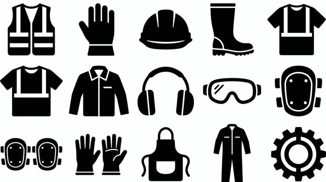 Set of industrial personal protective equipment icons featuring helmet vest goggles and boots, concept for occupational safety standards, construction site safety and workplace protection
