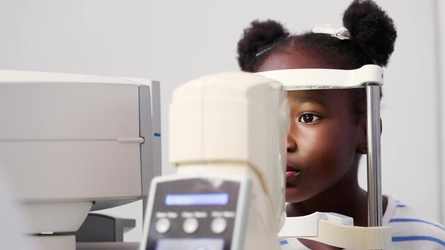 Young African girl focusing on a non-contact tonometer (NCT) device during an eye exam at an ophthalmologist's clinic