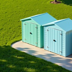 Obraz premium Modern Minimalist Outdoor Storage Sheds in a Green Lawn Setting with Clean Lines and Stylish Design