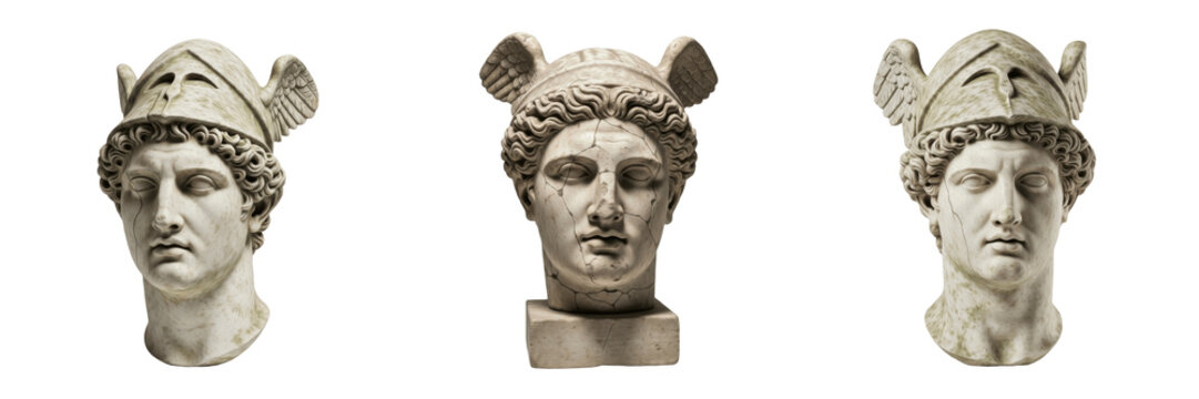 Hermes Greek God Stone Bust Sculptures | Winged Helmet Ancient Mythology Statues Isolated on White | Classical Roman Art and History Education Photography Set