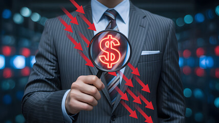 Businessman analyzing dollar currency financial decline with magnifying glass and red arrows