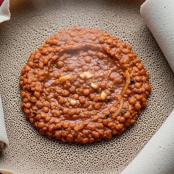Traditional Ethiopian injera with misir wot.