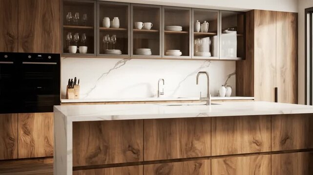 Modern Kitchen Interior with Wooden Cabinets.