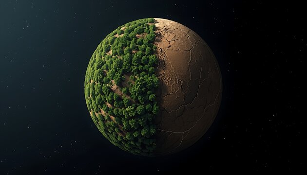 Planet earth environmental contrast with half green forest and half dry desert landscape representing climate change sustainability concept