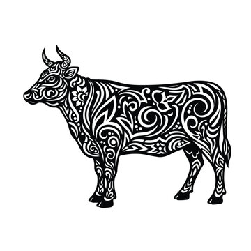 Ornate Cow Silhouette with Intricate Patterns.