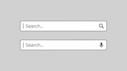 Fototapeta premium Modern search bar interface elements with magnifying glass and voice recognition microphone icons on minimalist gray background, concept for web design, user interface and app navigation