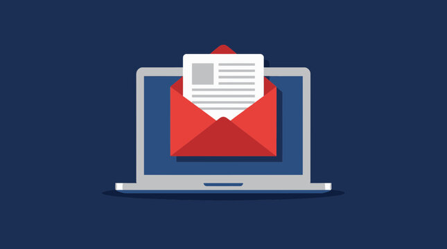 Laptop screen showing open red envelope with white document file icon isolated on dark blue background, concept for email marketing, electronic newsletter and corporate communication service