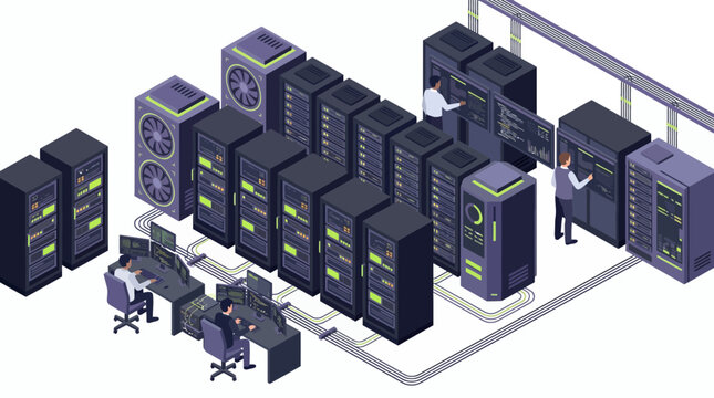 Isometric network engineers managing hardware server racks in modern data center facility with cooling units, concept for cloud computing, cybersecurity and big data storage services
