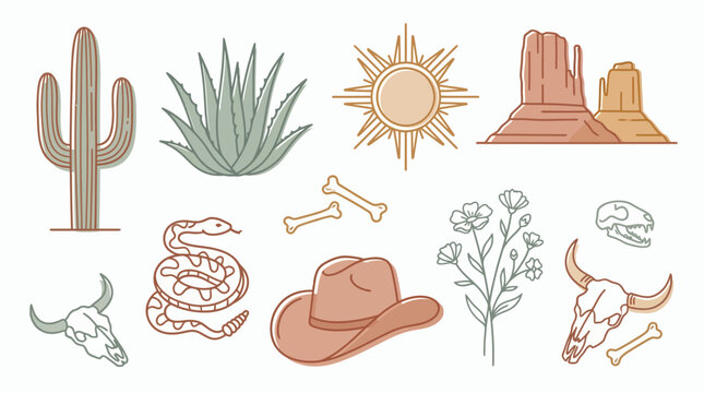 minimalist desert line art collection featuring cactus sun mountains and boho cowboy elements isolated on white background, concept for bohemian branding, western graphic design and apparel