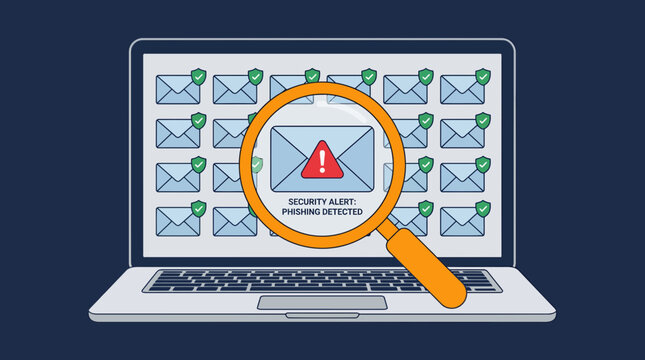 Laptop screen showing email icons with magnifying glass zooming into security alert phishing detected warning, concept for cyber security, data protection and internet fraud prevention