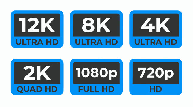 Set of screen resolution badges featuring 12K, 8K, 4K, 2K, 1080p and 720p ultra high definition quality icons, concept for video production, multimedia display and cinematic technology