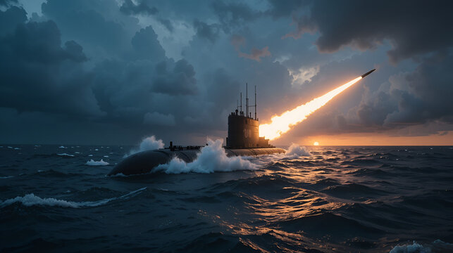 A submarine-launched ballistic missile SLBM breaks the stormy ocean surface and ignites its trail cutting into the clouds heading towards a horizon glowing
