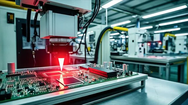 Laser machine scans printed circuit board during automated assembly. Robotic industrial equipment manufacturing electronic component in factory production line system.