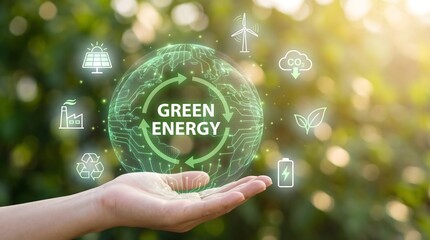 Hand supporting glowing green energy globe with alternative power and recycling icons