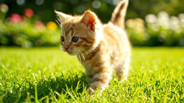Orange Kitten Walking on Green Grass Lawn.