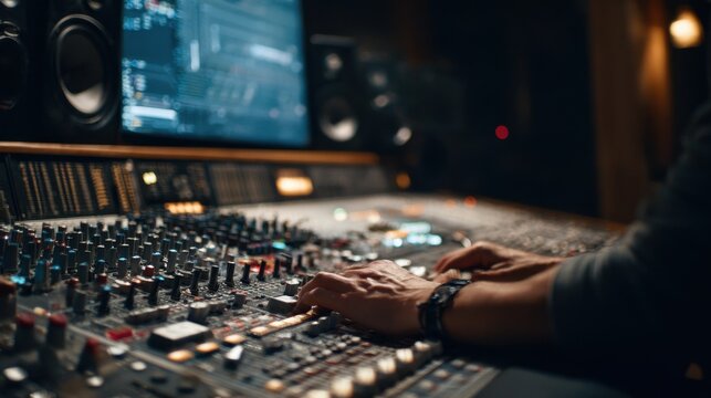 Mixing engineer applying reverb compression and effects on blurred background