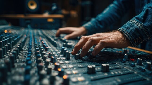 Mixing engineer applying reverb compression and effects on blurred background