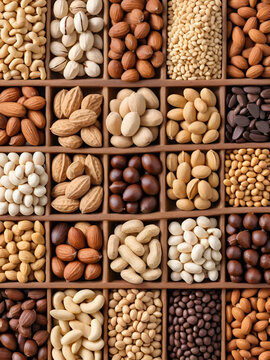 Assortment of various nuts isolated on white background, including peanuts, pili nuts, hazelnuts, macadamia nuts, cocoa beans, pine nuts, and tiger nuts