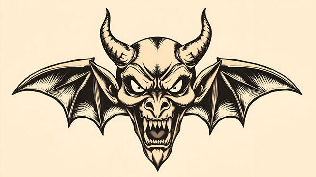 Halloween devil head illustration set in vintage style sketch