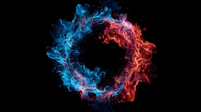 A vibrant circular design of blue and red flames on a black background
