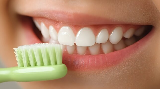 A person brushing their white teeth with a green toothbrush in a close-up view