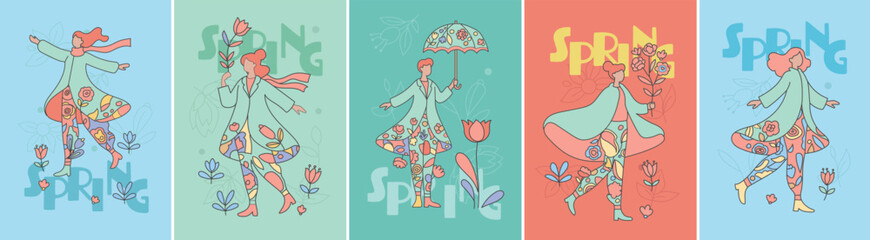 Naklejka premium Spring Dancing Women Character Cards Set of 5 — Colorful Floral Fashion Illustration Collection