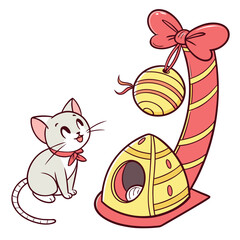 White cat with red bow and cat toy with yellow and red colors yellow toy © Koli