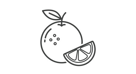 Obraz premium Simple vector line art illustration of a fresh whole orange fruit with a leafy stem and a juicy wedge slice design.
