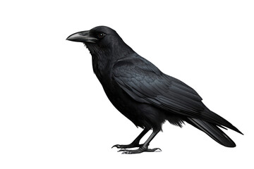 Obraz premium Black crow bird watching left, representing intelligence, mystery, and wisdom, featuring iridescent feathers