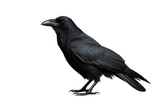 Black crow bird watching left, representing intelligence, mystery, and wisdom, featuring iridescent feathers