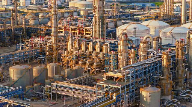 Large oil refinery plant with tall distillation towers and storage tanks at sunset, showcasing heavy industrial energy infrastructure for fuel production.