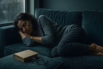 Obraz premium A woman lies on a couch, looking sad and depressed, a book and glasses nearby on a rainy day