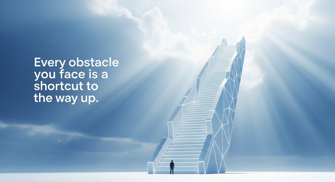 Silhouette facing a massive glowing staircase to heaven with a motivational quote about turning business obstacles into shortcuts for success.