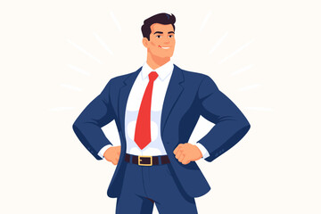 Confident Strong Businessman in Blue Suit and Red Tie Standing in Superhero Pose, Professional Leader Vector Illustration for Success, Career Growth, Corporate Power, and Leadership Motivation