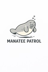 Obraz premium Cute cartoon manatee swimming underwater with patrol badge for conservation awareness and marine life protection