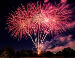 Colorful fireworks display bursting in the night sky over a dark landscape with trees silhouetted against the vibrant explosions of light and color