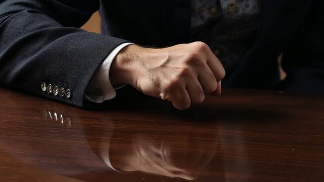 法廷準備の机で日本人弁護士がこぶしで主張を締める