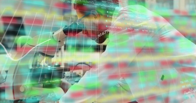 Man researcher placing slide, adjusting scope focus in lab, examining sample as graphs shifting