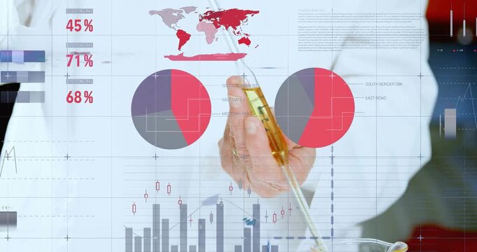 Senior scientist moving pipette over beaker, animating charts and rising % values tracking results
