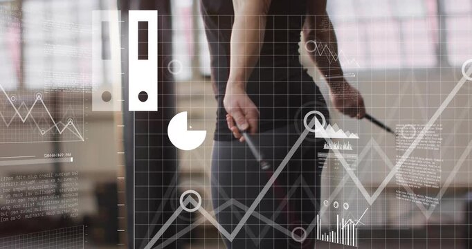 Woman skipping rope in gym camera pulling back initiating analytics overlays tracking fitness data