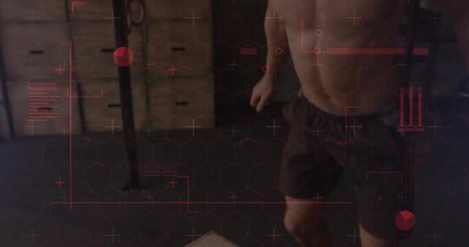 Man shifting weight stepping off box for fitness squatting driving up red overlay appearing on body