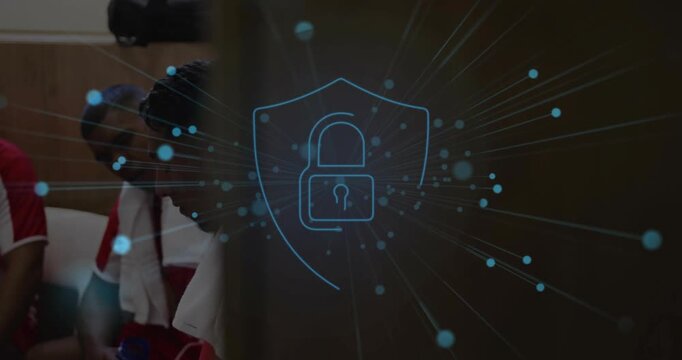 Doorway particles forming padlock shield, male athlete getting shoulder care for sports recovery