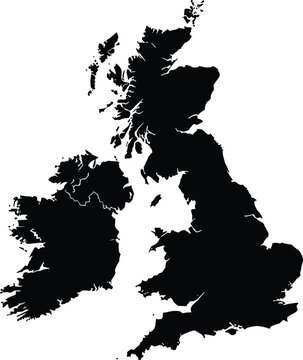 Map silhouette of the United Kingdom and Ireland black vector outline isolated on white background for British Isles geography and travel design