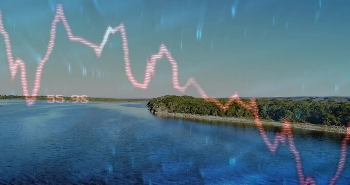 Live data feed animating pink line graph with numeric labels over peninsula for finance analysis