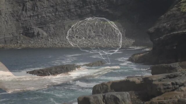 Surf moving, brain rising above inlet, hand cupping then leaving, visualizing idea, camera widening