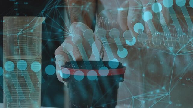 Right hand tilting beaker hands holding lab cup red-rim sampling drops hitting blue overlay rising