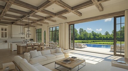 Bright Open-Plan Contemporary Living Room with Floor-to-Ceiling Glass Doors and Outdoor Pool View